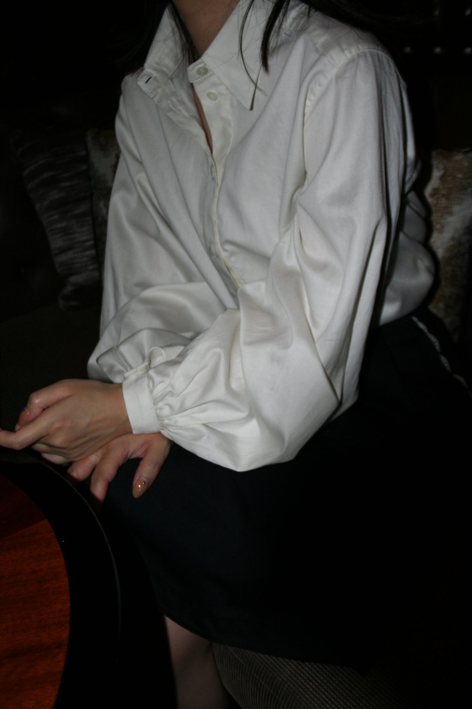 Casual blouse worn, side view showing the gathered sleeve and cuff
