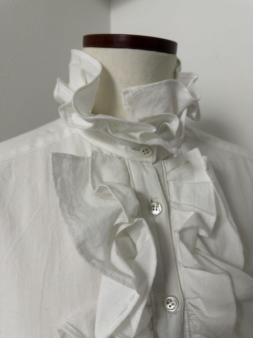 Close-up of the ruffled stand collar and jabot frill